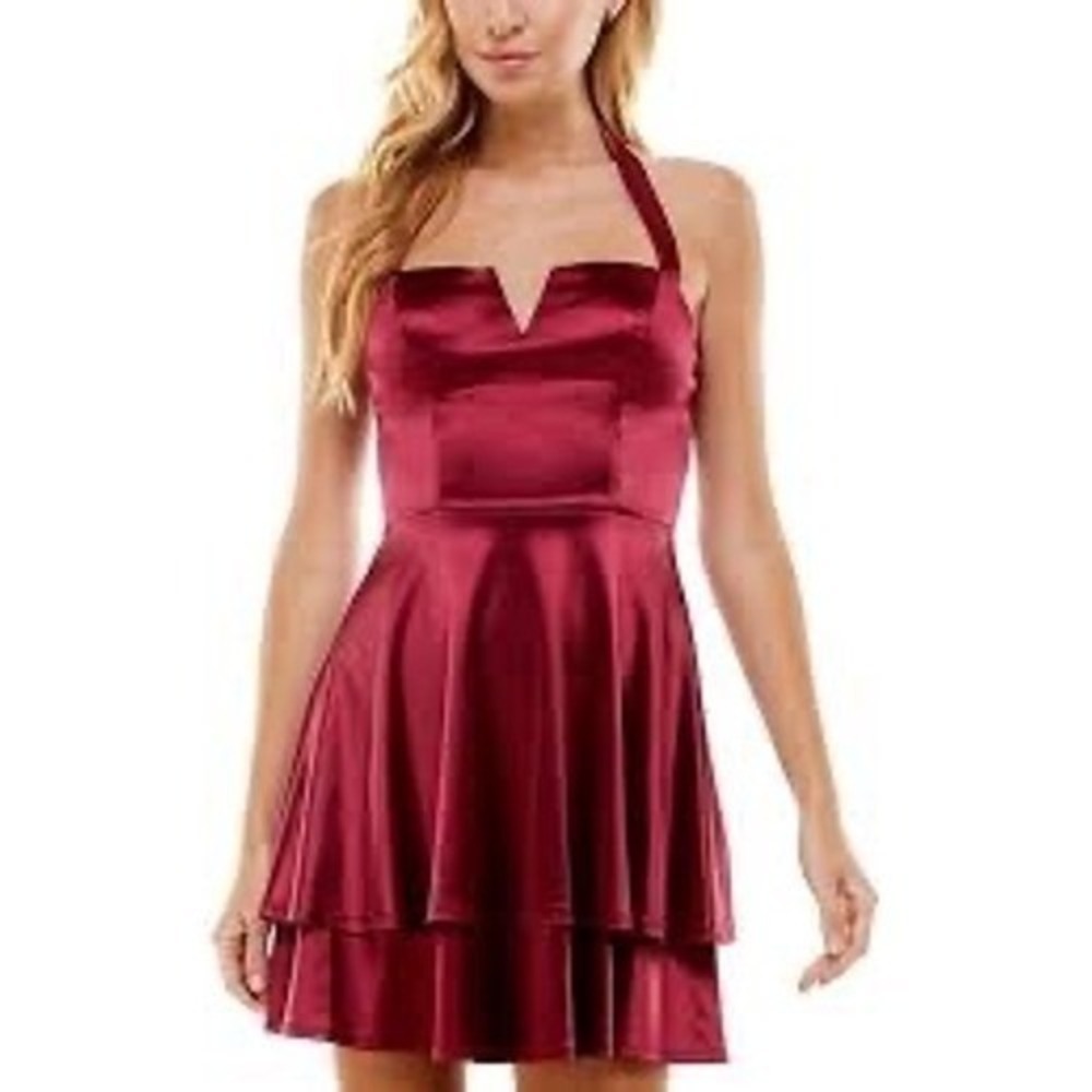 City Studio Women's 11/12 Sangria Halter Tiered Satin Formal Prom Dress NWT